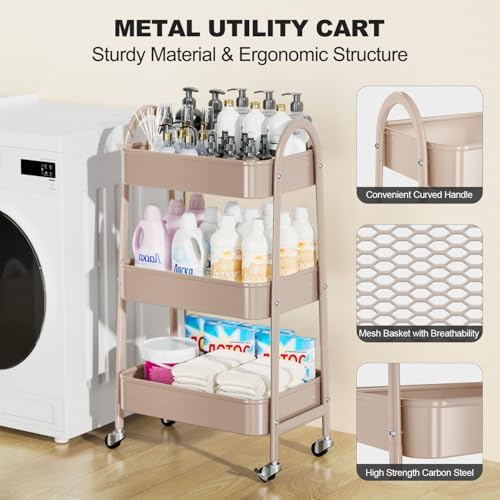 EAGMAK 3 Tier Rolling Cart, Large Metal Storage Cart with Handle and Lockable Wheels, Big Multifunctional Storage Organizer Trolley with Mesh Baskets for Kitchen, Living Room, Office, Garage (Beige) - Image 3