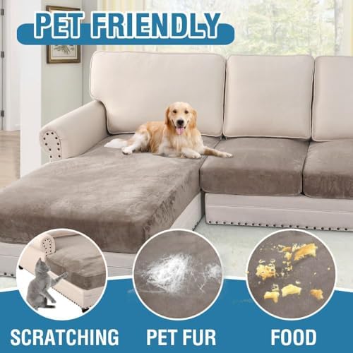 H.VERSAILTEX Velvet Stretch Sectional Couch Covers 4 Pieces Sofa Seat Cushion Covers L Shape Separate Cushion Couch Cover for Both Left/Right Sectional Couch (Large Sofa 3 Seater + 1 Chaise, Taupe) - Image 3