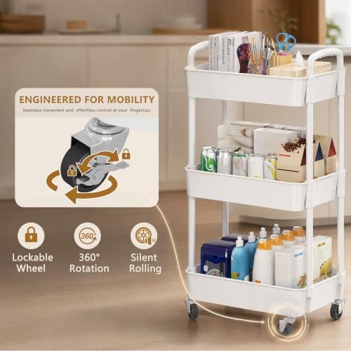 Laiensia 3-Tier Rolling Cart with Wheels,Multifunction Utility Storage Carts, Kitchen Storage Organizer,Mobile Shelving Unit for Bathroom,Laundry,with Classified Stickers,White (Pack of 2) - Image 4