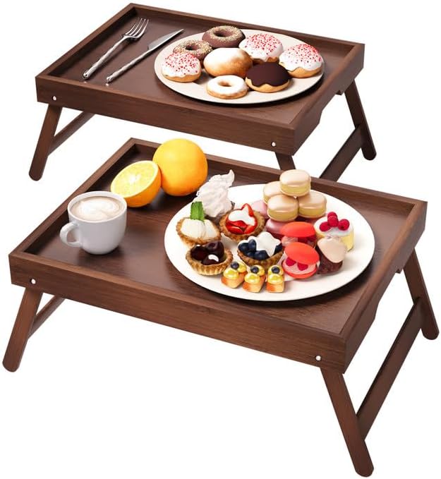 Fibogollo 2 Pack Bamboo Bed Tray Table with Folding Legs,Breakfast Trays,Serving Tray for Food and Snack,Laptop Trays for Working(Brown) by Fibogollo