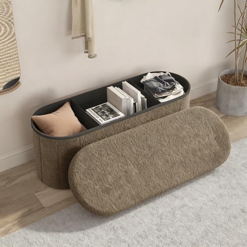 GLAXYFUR Oval Ottoman with Storage for Living Room, Sherpa Bench, Brown by GLAXYFUR