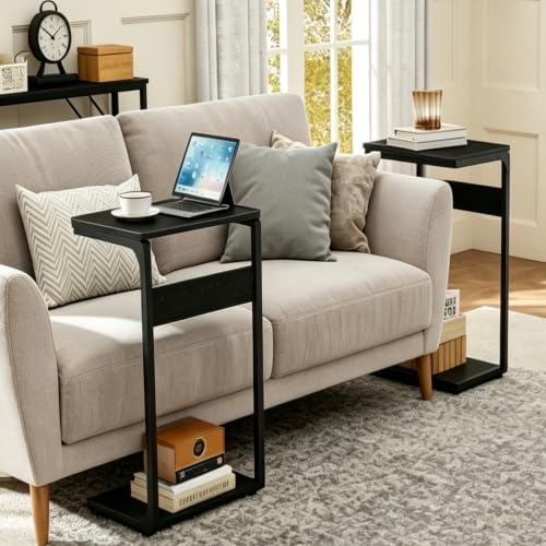 Wood Pedestal Snack TV Trays Set of 2, Small C Shaped NightStand ET-YB-BKW2 - Image 4