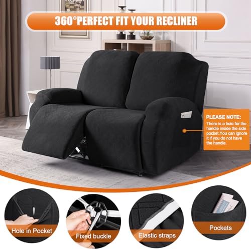 VANSOFY Stretch Recliner Loveseat Cover, Slipcover, Black, 2 Seater - Image 5