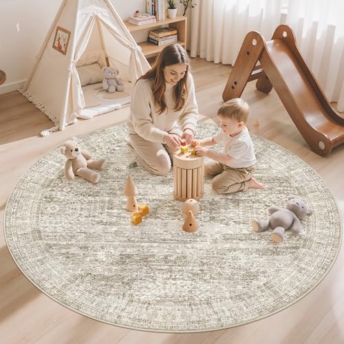 Soalmost 5x5 Brown Round Rug 6ft Circle Living Room Area Rugs Non-Slip - Image 3