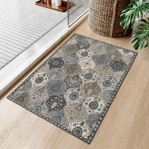 Lahome Moroccan Trellis Area Rug, 2x3 Entryway Rug Non-Slip Washable Indoor Door Mat, Small Oriental Accent Throw Carpet for Bedroom Kitchen Entry Bathroom Elise, Grey - Image 6