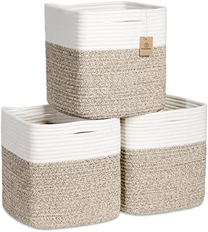 NaturalCozy Storage Cubes 11 Inch Cotton Rope Woven Baskets for Organizing, 3-Pack | Cube Bin Square Shelves Organizer, Classroom, Kids Toy Bins, Closet, Baby Nursery by NaturalCozy
