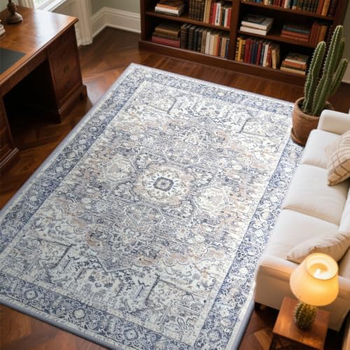 Hanples 4x6 Area Rugs for Living Room, Washable Rug Vintage Floral, Blue by Hanples