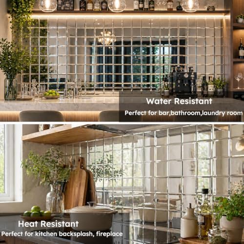Diflart 32 Pcs Mirror Peel and Stick Tile, Silver, 3x3 Inch, Beveled Mirror Square Kitchen Backsplash Bar Bathroom Wall Tile - Image 5