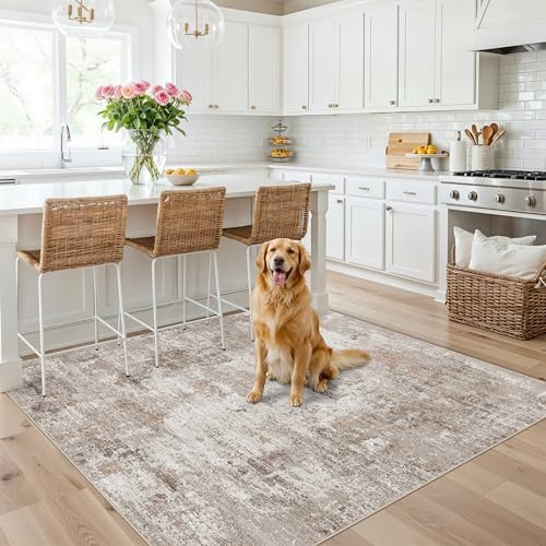 5x5 Square Entryway Rug Washable – Non-Slip Small Area Rug for Kitchen or Bathroom, Soft Low-Pile Indoor Mat, Modern Abstract Thin Door Carpet (Beige Grey) - Image 3