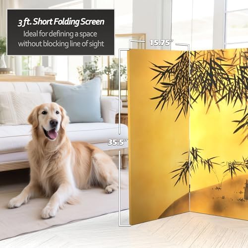 Red Lantern 3 ft. Short Double Sided Bamboo Tree Canvas Room Divider 4 Panel Freestanding Folding Privacy Screen Partition and Separator for Modern and Contemporary Bedroom Home Office Studio Dorm - Image 5