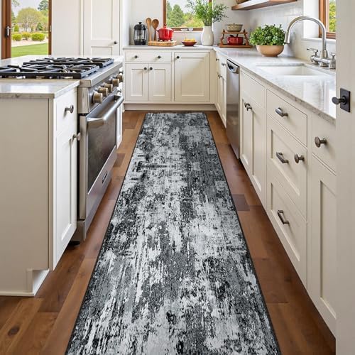 RELEANY Washable Runner 2'x8' Abstract Area Rug for Hallway Black White - Image 3