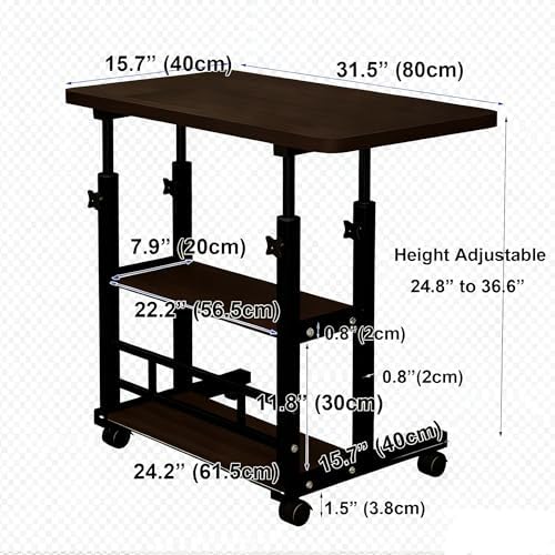 VebaCidi Medical Overbed Bedside Table with Two Shelves and Wheels (Hospital and Home Use), 31 1/2" Desk with Non Tilt Wooden Top, Adjustable Height (Black Desktop and Legs) - Image 2