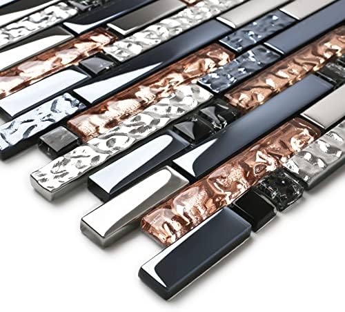 Blujellyfish Mosaic Tiles Crystal Glass Tile Rose Gold Interlocking Chrome Silver Black Ink Blue Mosaic Bath Kitchen Fireplace Decor TSTGT107 (5 Square Feet) - Image 2