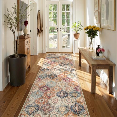 Lahome Moroccan Hallway Runner Rug, 2'5''x8' Ultra-Thin Washable Runners for Hallways Kitchen, Oriental Laundry Room Rug Non-Slip Carpet for Entryway Bedroom Bathroom Elise, Cream/Multi - Image 6