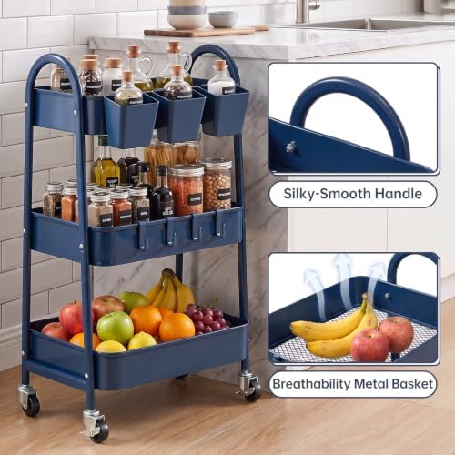 danpinera 3-Tier Rolling Cart, Utility Cart Mobile Metal Rolling Storage Cart with Lockable Wheels & Hanging Cups & Hooks for Kitchen, Bathroom, Office, Workshop, Dark Blue - Image 3