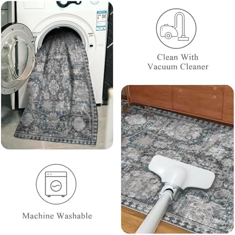 RUGSURE Washable Area Rugs - Perfect for Living Room, Bedroom, Kids Room, Nursery - Stain & Water Resistant Non-Slip, Pet & Child Friendly, Vintage Tribal Area Rugs (Grey and Blue, 6' x 9') - Image 4
