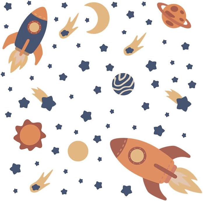Outer Space Wall Decals, Peel and Stick Rockets Stars Planet Wall Stickers, Space Themed Wall Decor for Baby Nursery Kids Bedroom Boys Playroom Decoration - Image 5