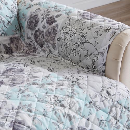 Great Bay Home Reversible Floral Patchwork Chair Furniture Protector - Machine Washable, Scalloped Edge, Stain Resistant, Printed Furniture Cover for Dogs, Kids, and Pets (Gray/Aqua). - Image 4