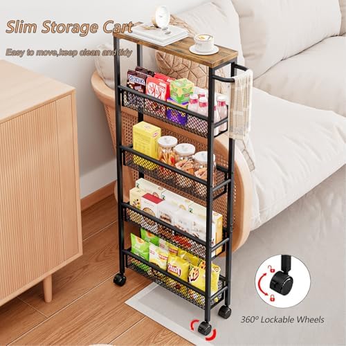 AZERPIAN Slim Rolling Cart 5 Tier Narrow Storage Cart on Wheels with Handle - Image 4