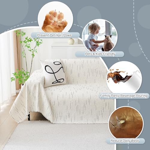 MYSKY HOME Couch Cover for Dogs, Sectional Couch Cover, Beige Lines Sofa Covers for Sectional Sofa L Shape Chenille Couch Protector for Dogs Pets Couch Covers Washable Soft Throw, 91"X118" - Image 5