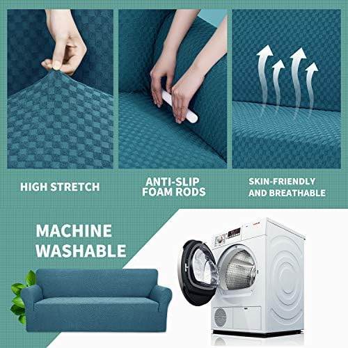 YEMYHOM Couch Cover Latest Jacquard Design High Stretch Sofa Covers for 2 Cushion Couch, Pet Dog Cat Proof Loveseat Slipcover Non Slip Magic Elastic Furniture Protector (Medium, Teal) - Image 4