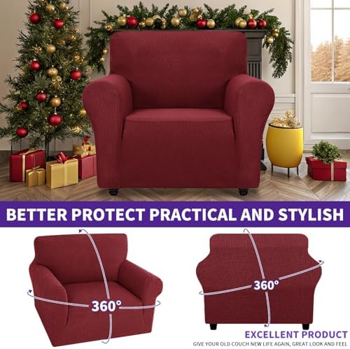 ZNSAYOTX Super Stretch Chair Slipcover Universal Sofa Chair Covers for Living Room Dogs Pet Furniture Protector Spandex Armchair Slipcovers with Anti Slip Foam Sticks (Wine Red, Chair) - Image 2