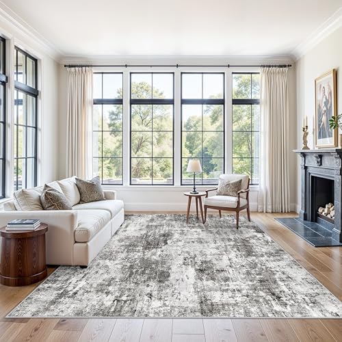 8x8 Square Area Rug Living Room – Non-Slip Washable Large Floor Carpet for Bedroom Dining Room Playroom Room – Modern Abstract Neutral Thin Low-Pile Big Indoor Rug (Grey) - Image 3