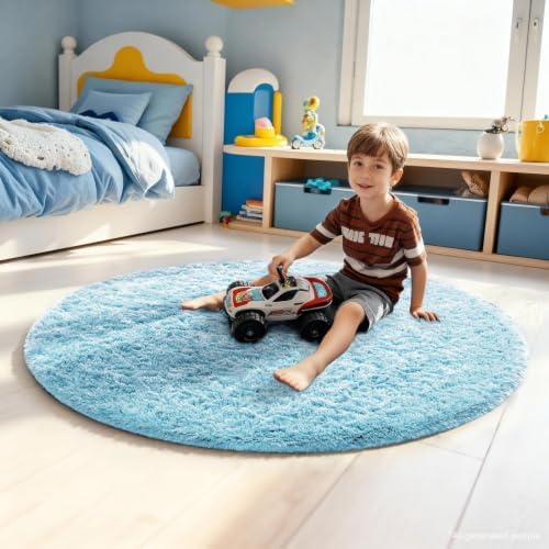 Ophanie Round Rug 4Ft Light Blue Circle Area Rugs, Fluffy Fuzzy Small Bedroom Carpet 4 Foot, Plush Shag Floor Living Room Circular Aesthetic Home Decor for Kids Teen Boys Baby with 99 pcs Pile fibers - Image 3