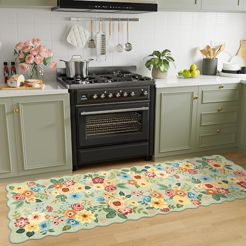 DUKINO 2.6x8 Runner Rug, Floral Washable Kitchen Rugs Non Slip, Green - Image 3