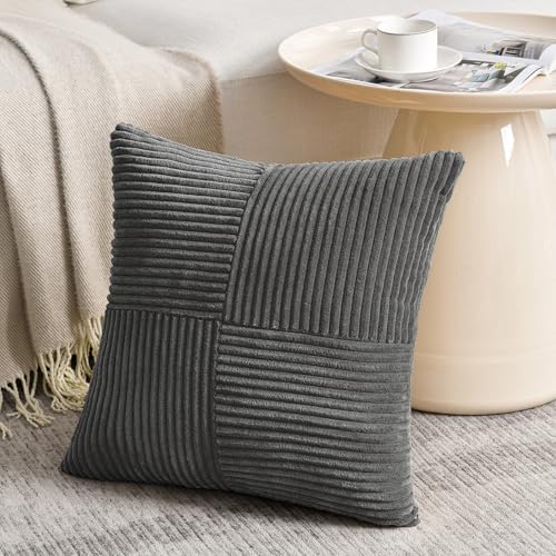 Fancy Homi 2 Packs Dark Gray Samll Decorative Throw Pillow Covers 14x14 Inch with for Couch Bed Sofa, Rustic Farmhouse Boho Home Decor, Soft Corss Patchwork Corduroy Square Cushion Case 35x35 cm - Image 2