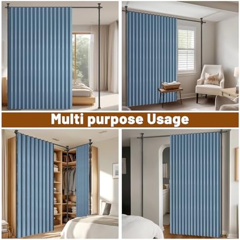 AJAZZ Room Divider Curtain (Blue, W100 x L84 in, 1 Panel)+ Tension Curtain Rod No Drilling (H) 43-120×(W) 35-100 in, for Privacy/Soundproof Curtains, Heavy Duty Wall Separator - Image 4