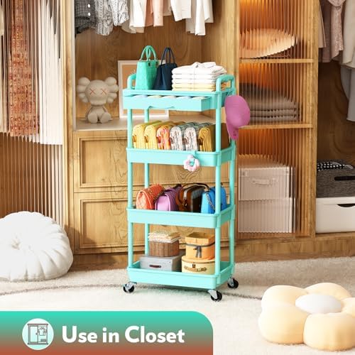 SUNALLY Makeup Cart Organizer with Drawer, 4 Tier Rolling Makeup Cart, Blue - Image 6