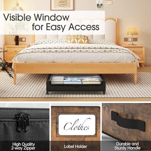 Yecaye Under Bed Storage with Wheels, 4 Pack Under Bed Storage Containers, Underbed Shoe Storage Organizer, Rolling Under Bed Metal Drawers for Clothes, Blankets, Brown - Image 5