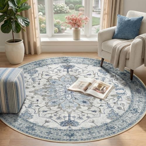 RELEANY Washable Area Rug, Round 4ft, Blue/White/Gray - Image 2