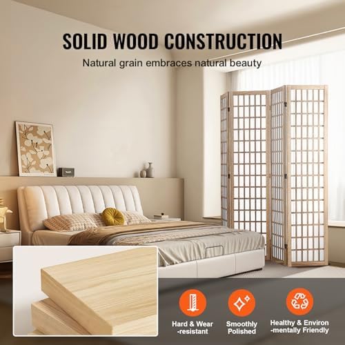 VEVOR Room Divider, 4 Panel Japanese Room Divider, Folding Privacy Screen Indoor, Portable Partition Dividers and Decoration Screens, for Room Separation, Home, Office, Restaurant & Bedroom (Natural) - Image 5