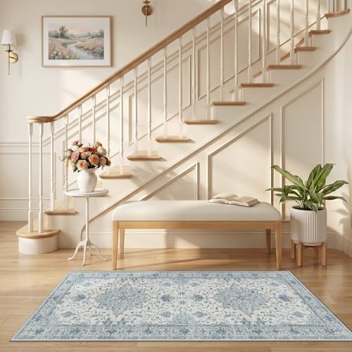 RELEANY Washable Area Rug, Runner 2'6"x5', Blue/White/Gray - Image 2