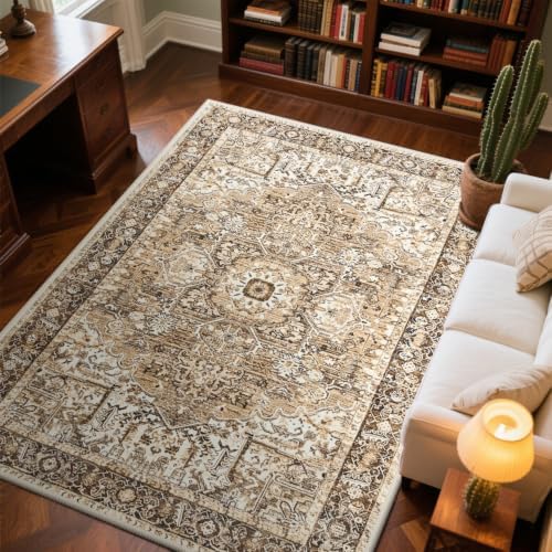 Hanples 4x6 Area Rugs for Living Room, Washable Rug Vintage Floral, Beige by Hanples
