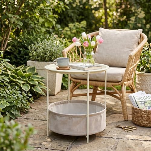 VECELO Round Side/End Table with Fabric Storage Basket，Metal Anti-Rust and Waterproof Small Bedside Nightstand with Removable Tray Top for Living Room，Balcony & Laundry，Beige/1pcs with Basket - Image 6