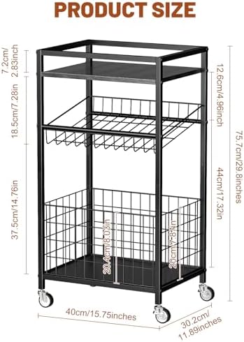 Fruit Vegetable Cart, 3-Tier Snack Cart on Wheels & Wood Top, Black - Image 2