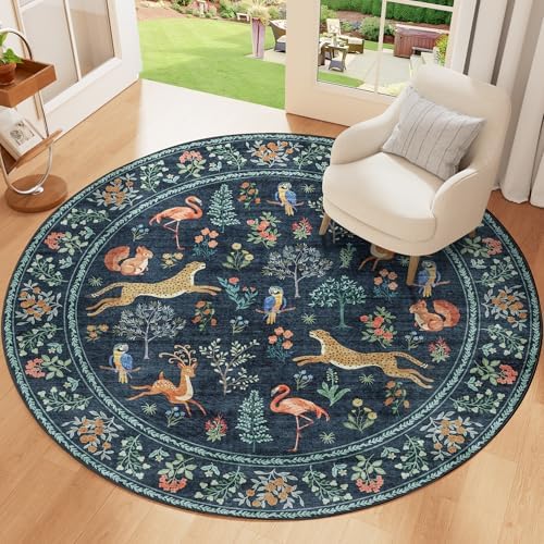 DUKINO 4ft Round Rug, Washable Animal Round Area Rug Non Slip, Navy Blue - Image 6