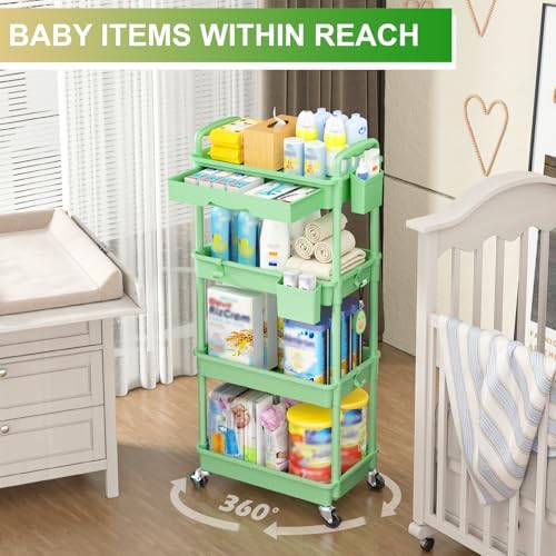 Goovilla 4 Tier Rolling Utility Cart Organizer with Removable Drawer, Green - Image 6
