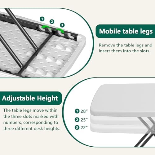 Folding Table- Small Desk Adjustable Height TV Tray for Laptop, Couch, Camping - Heavy Duty Utility Foldable Table for Small Spaces, No Assembly Required, White Granite (White, 30in-2pack) - Image 6