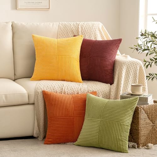 MIULEE Fall Yellow Orange Rust Throw Pillow Covers 20x20 Inch 4 Packs Boho Farmhouse Decorative Color-Clash Pillow Cases Soft Cushion Cases for Couch Sofa Bed Corduroy Striped Home Decor - Image 4