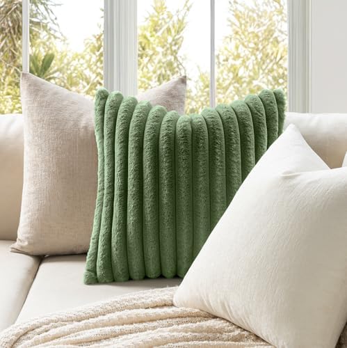 MIULEE Faux Fur Decorative Throw Pillow Covers 18x18 Set of 2 Moss Green - Image 3