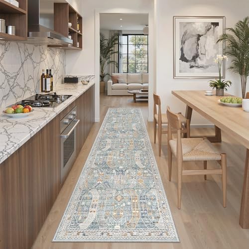 Madane Hallway Runner Rug 2x8 Washable Kitchen Rugs Non-Slip, Blue/Gold - Image 2