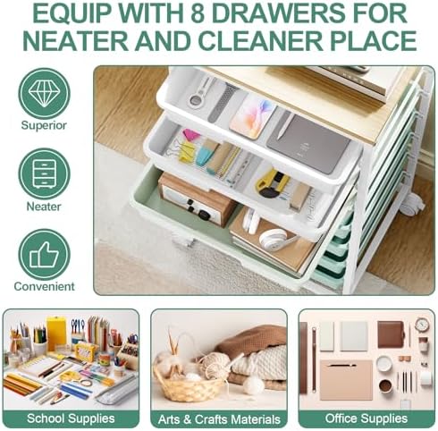 Storage Cart with 8 Drawers, Utility Cart with White Drawers and Wooden Tabletop, Craft Cart, Teacher Organization for Classroom, Storage Furniture, Office Organization, Green - Image 3