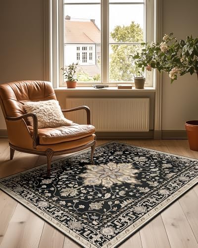 RELEANY Washable Area Rug, 3'x4', Black/Neutral by RELEANY