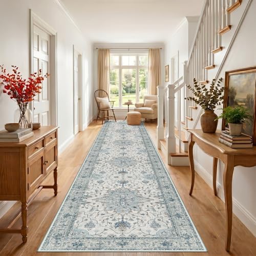 RELEANY Washable Area Rug, Runner 3'x20', Blue/White/Gray - Image 3