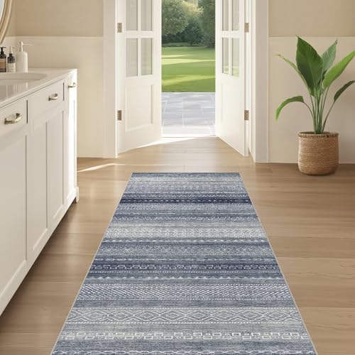 Nakagishi Area Rug Living Room Rugs: 3X8 Machine Washable Boho Large Neutral Farmhouse Stain Resistant Moroccan Indoor Floor Carpet for Bedroom Nursery Dorm Dining Room Home-Denim Blue - Image 5