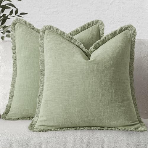 MIULEE Linen Fringe Decorative Euro Throw Pillow Covers Sage Green 22x22 by MIULEE